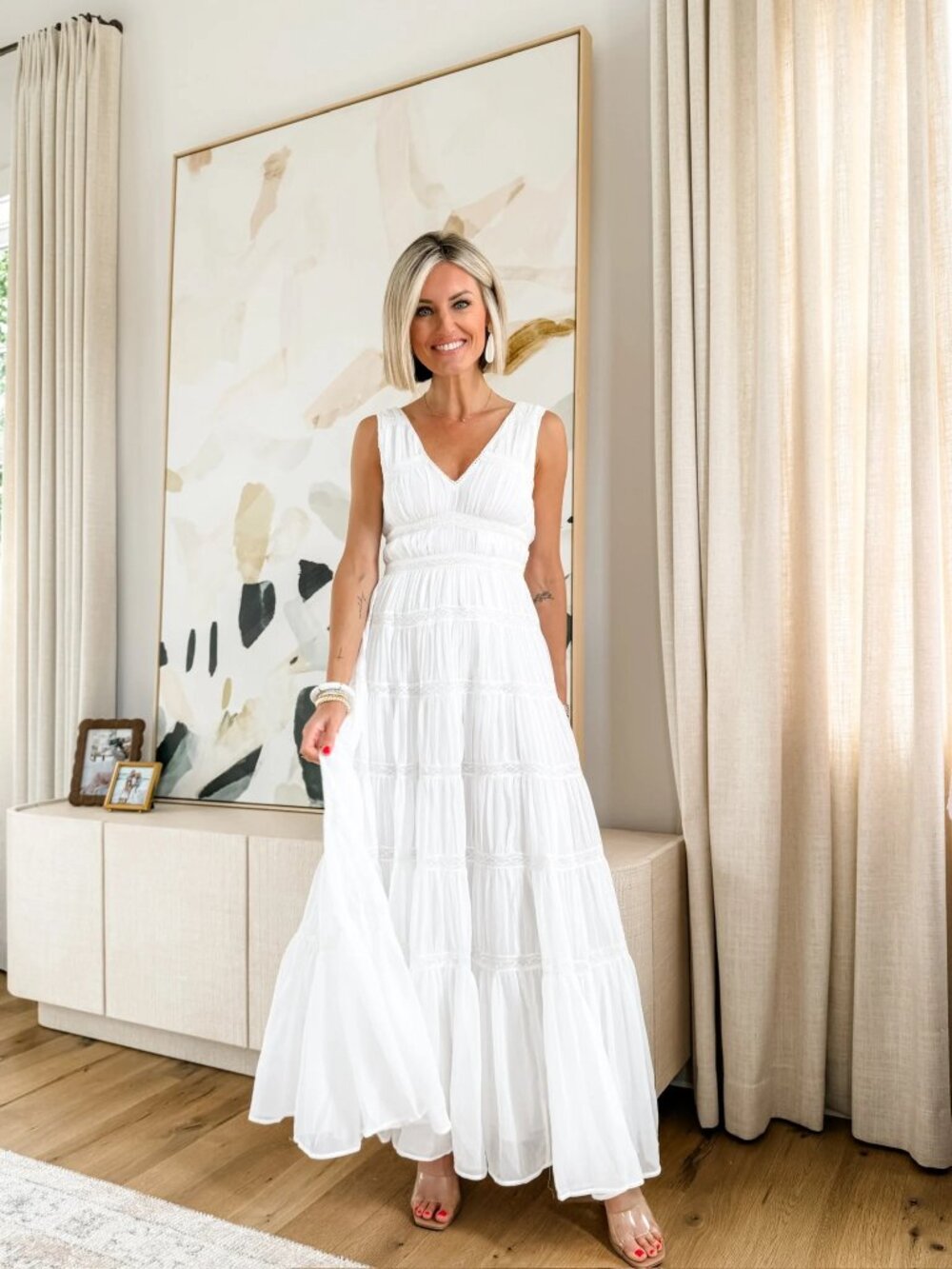 Abercrombie & Fitch Tiered White Maxi Dress with Lace Detail